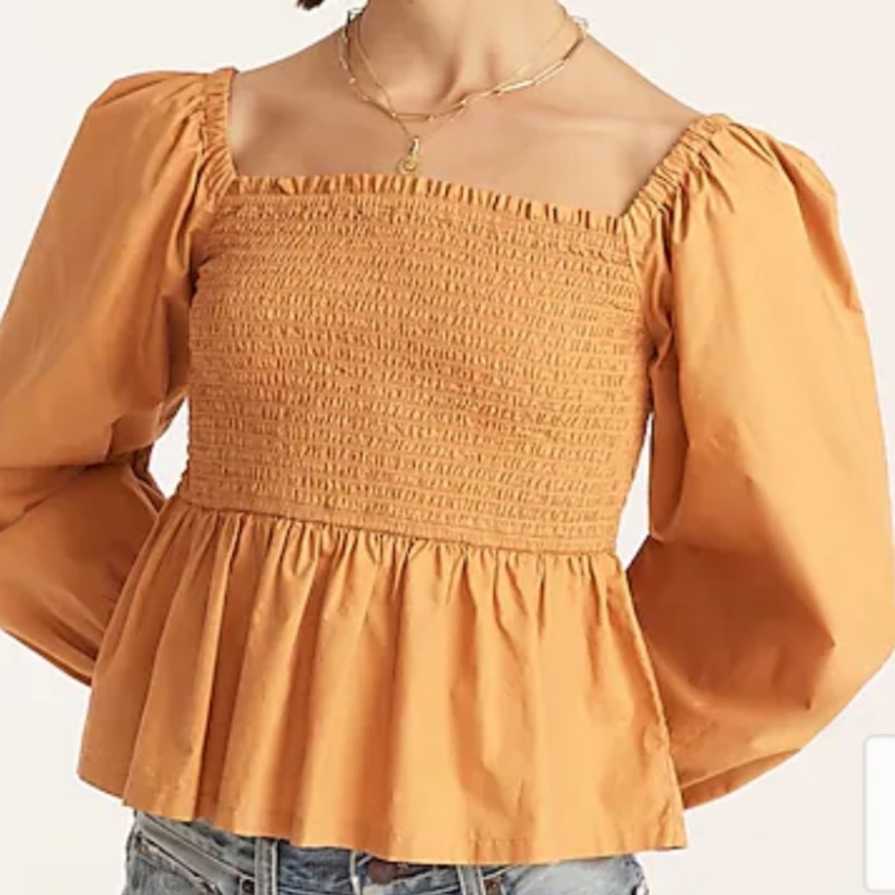 J.Crew NWT Smocked Puff Sleeve Peplum Top Camel Tan | Size L